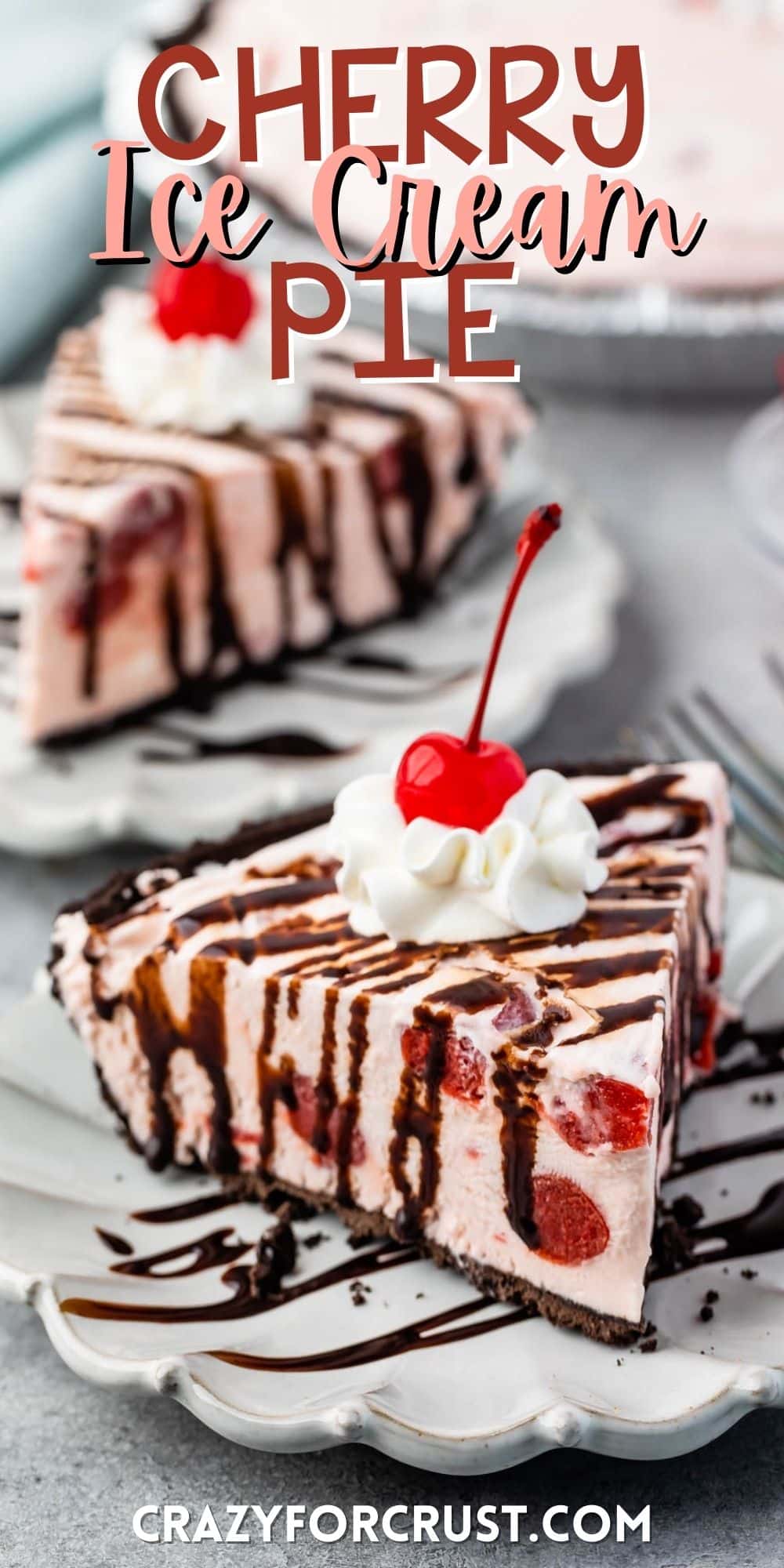 pink slice of pie covered in chocolate sauce, whipped cream and a cherry with words on the image.