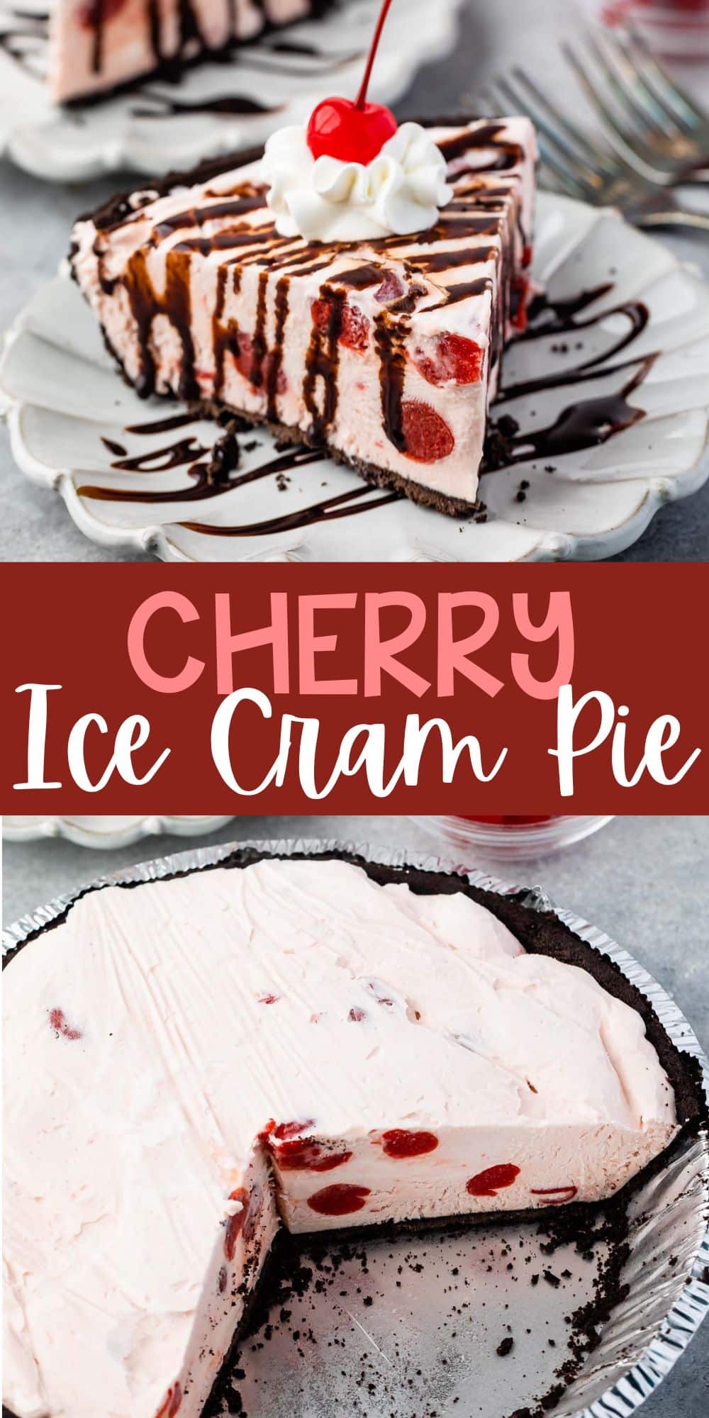 two photos of pink slice of pie covered in chocolate sauce, whipped cream and a cherry with words on the image.