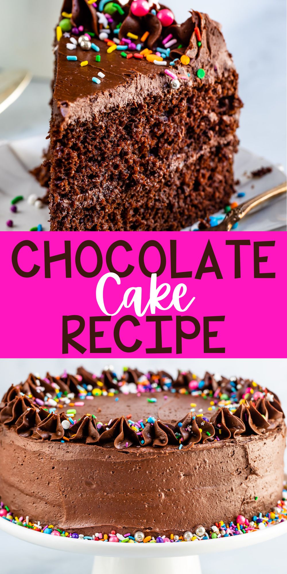 two photos of chocolate cake with chocolate frosting and covered in colorful sprinkles with words on the image.
