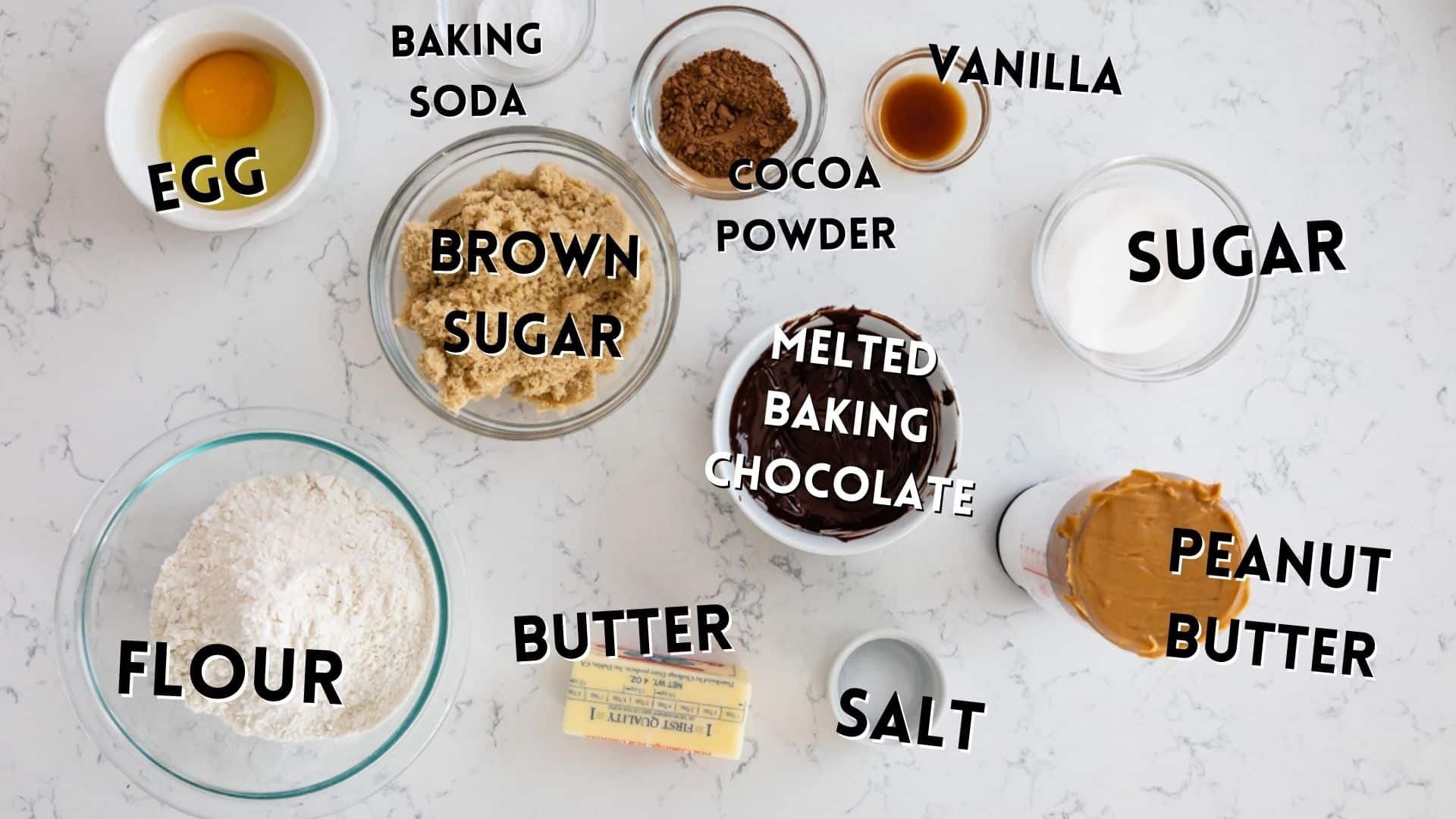 ingredients of chocolate peanut butter cookies.