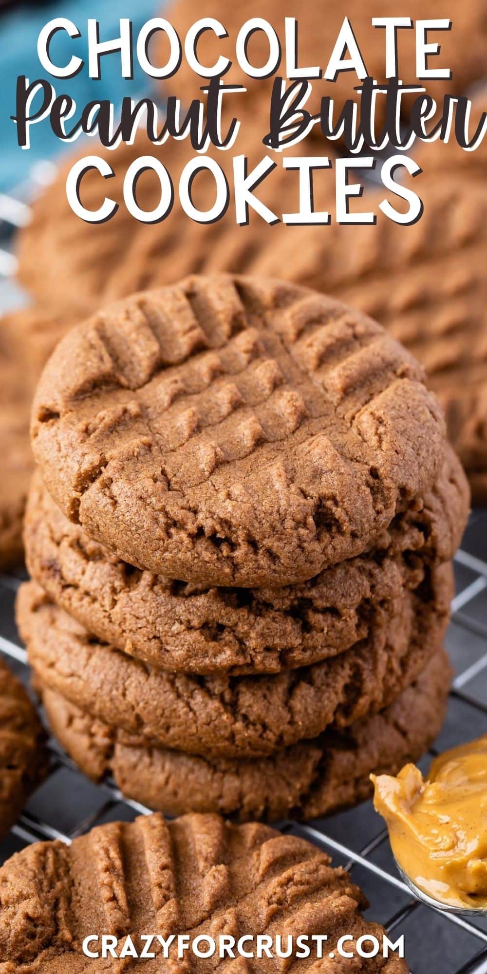 stacked chocolate cookie next to a spoonful of peanut butter with words on the image.