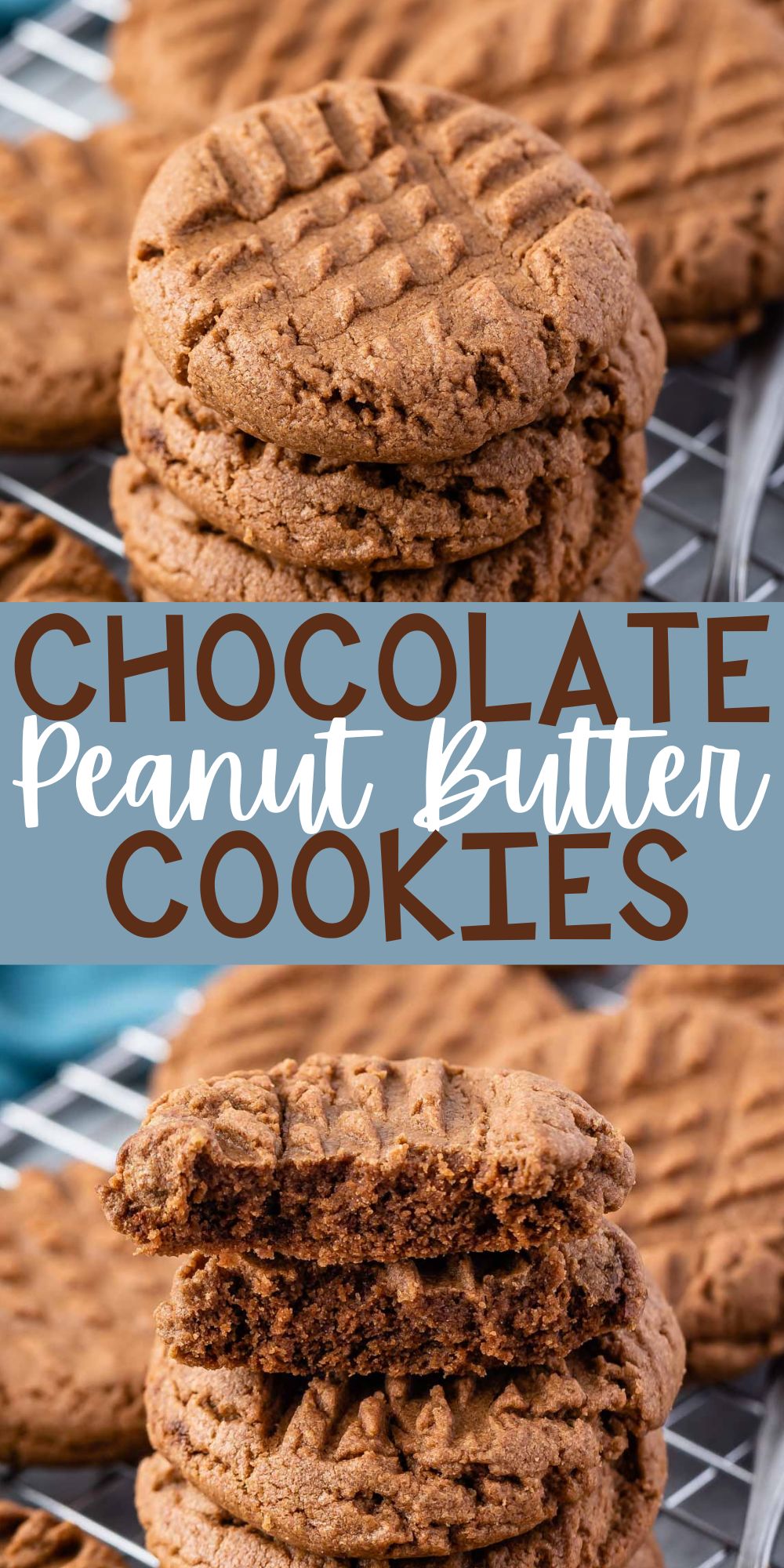 two photos of stacked chocolate cookie next to a spoonful of peanut butter with words on the image.