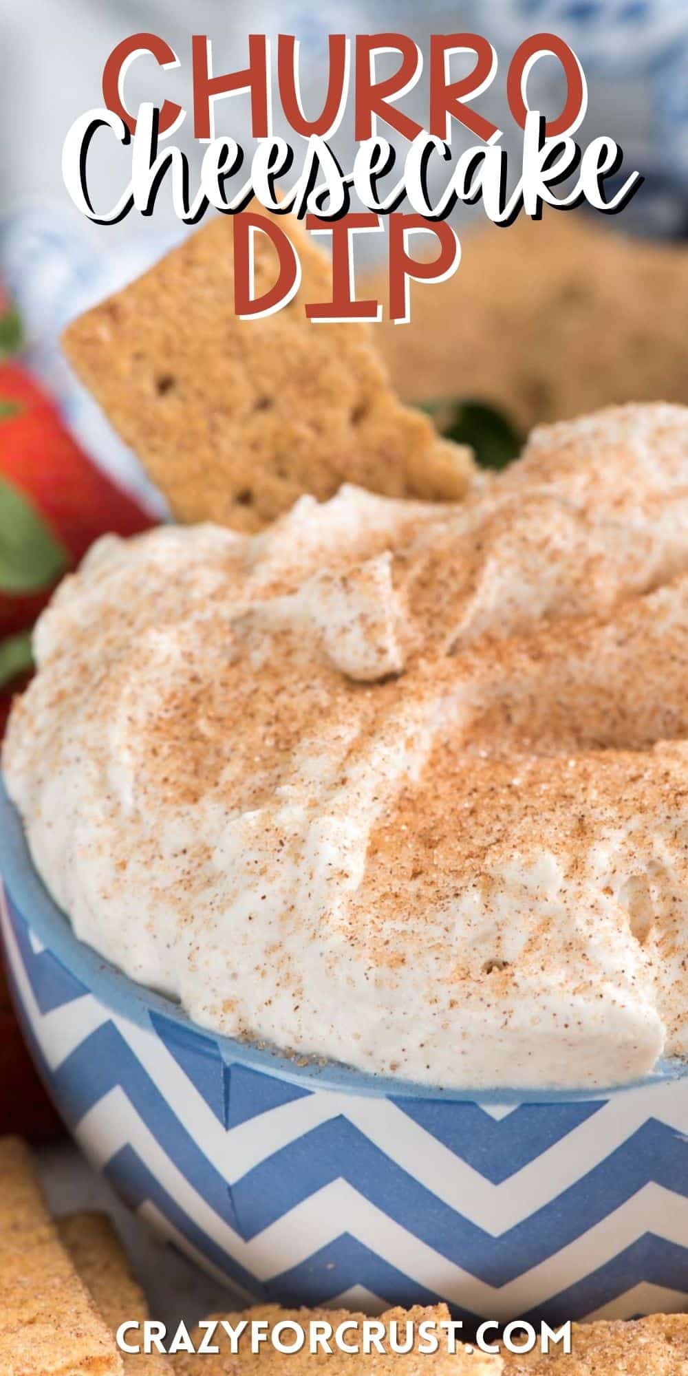 dip in a blue and white bowl with cinnamon dust on top and words on the image.