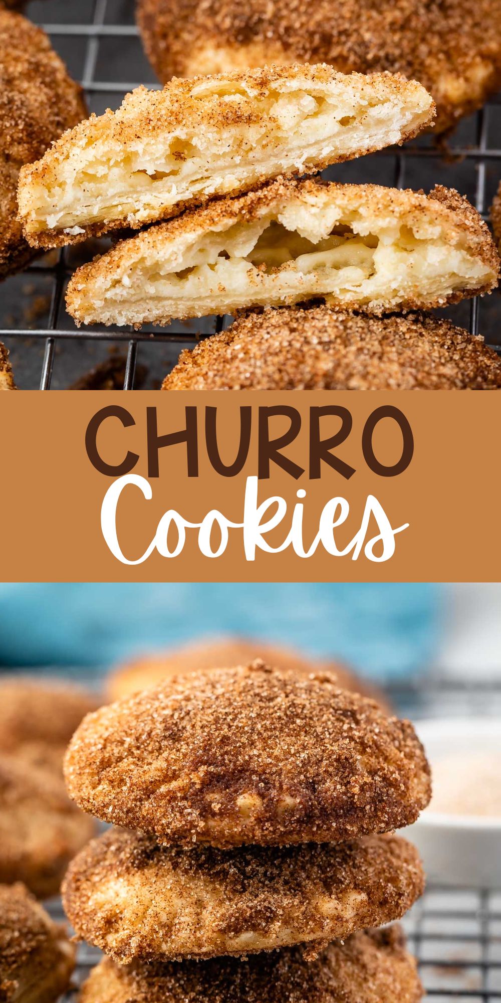 two photos of churro cookies laid out on a drying rack with words on the image.