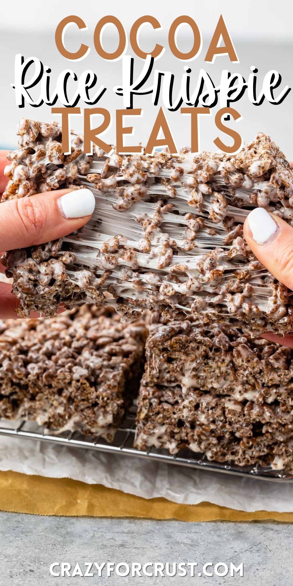 stacked Rice Krispie Treats made with cocoa pebbles with words on the image.