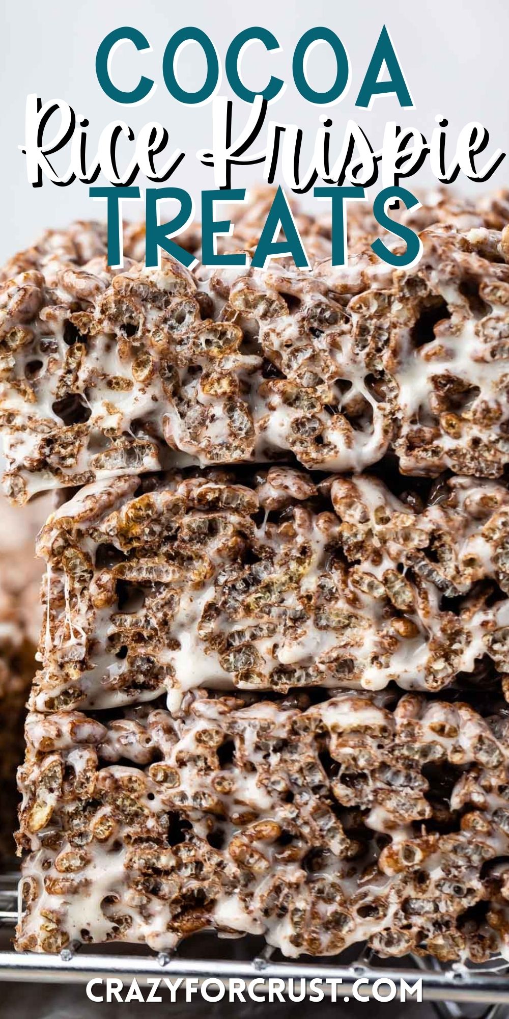 stacked Rice Krispie Treats made with cocoa pebbles with words on the image.