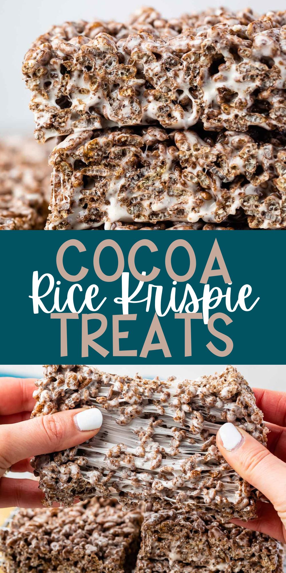 two photos of stacked Rice Krispie Treats made with cocoa pebbles with words on the image.