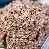 stacked Rice Krispie Treats made with cocoa pebbles.