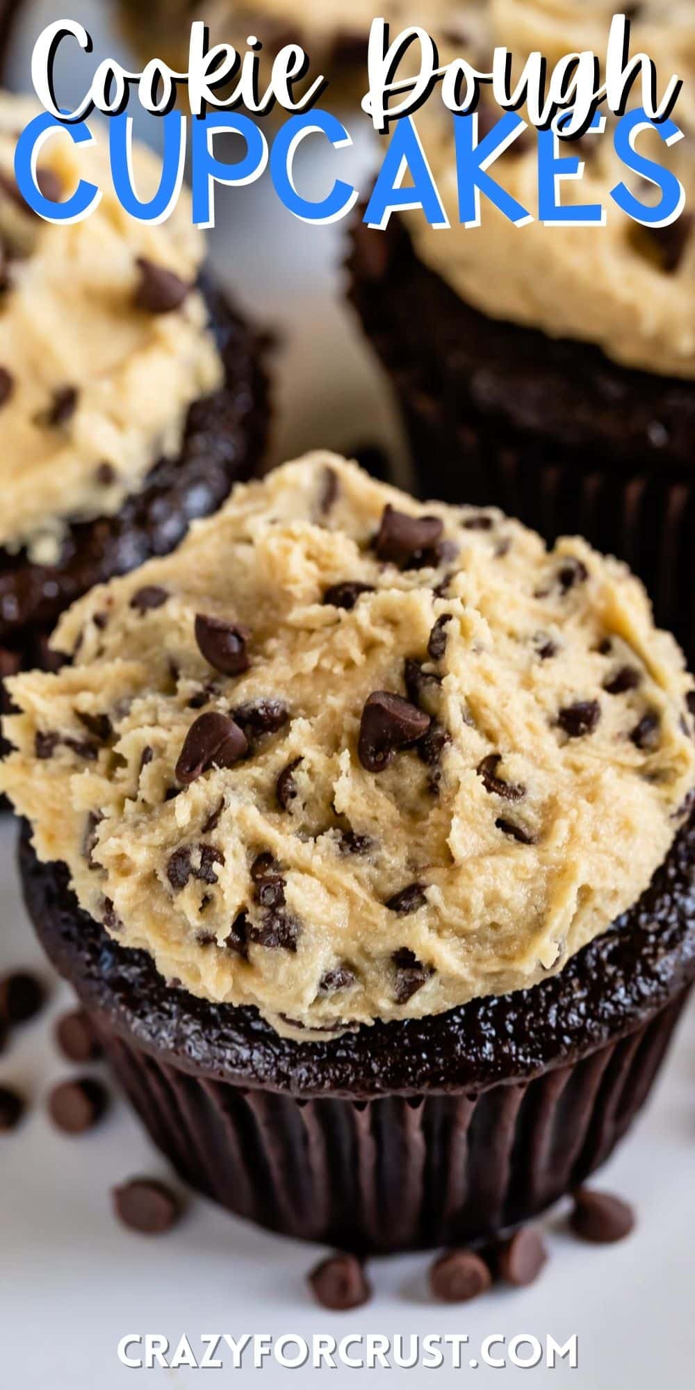 chocolate cupcake with cookie dough frosting and words on the image.