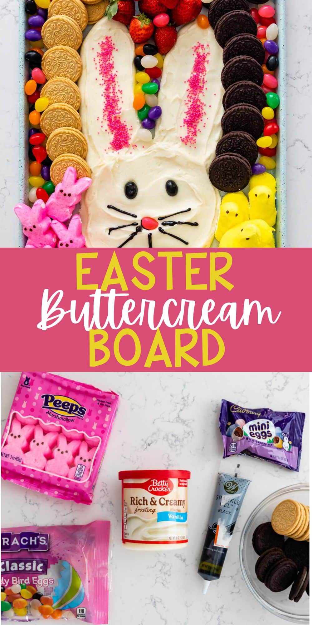 two photos showing bunny shaped out of frosting and surrounded by jelly beans, marshmallows and oreos with words on the image.