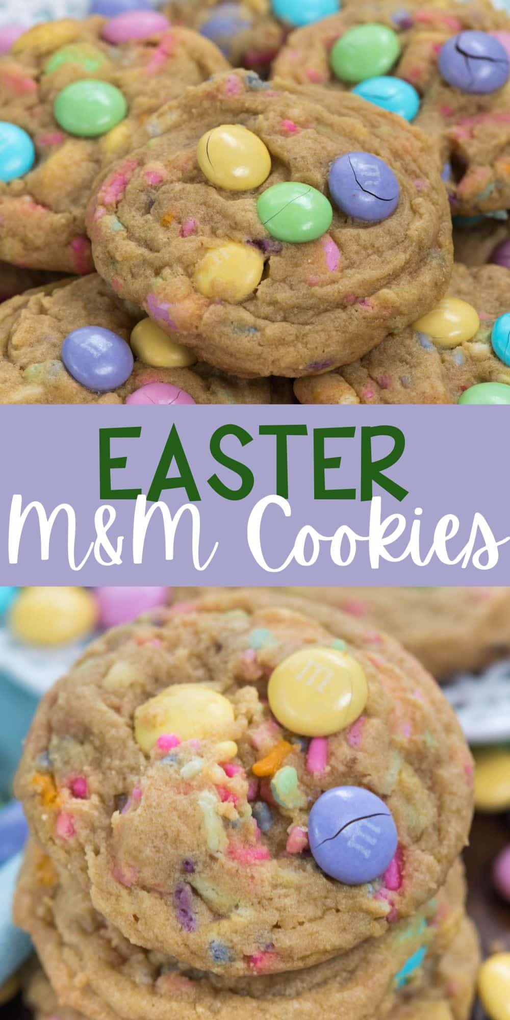 two photos of cookies with light purple, yellow, pink and green M&Ms baked into the cookies with words on the photo.
