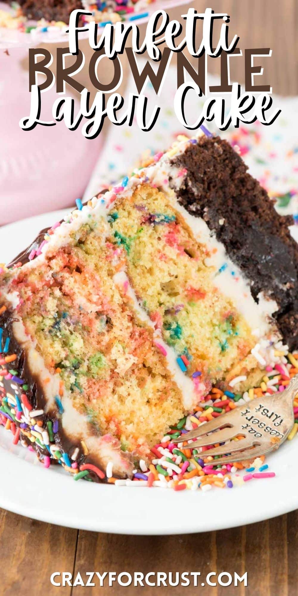 funfetti cake covered in sprinkles on a white plate with words on the image.