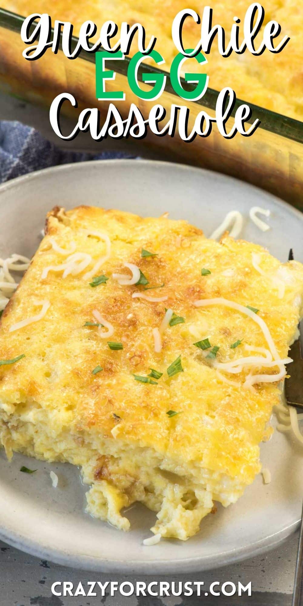 square slice of egg casserole with green chilis baked in with words on the image.