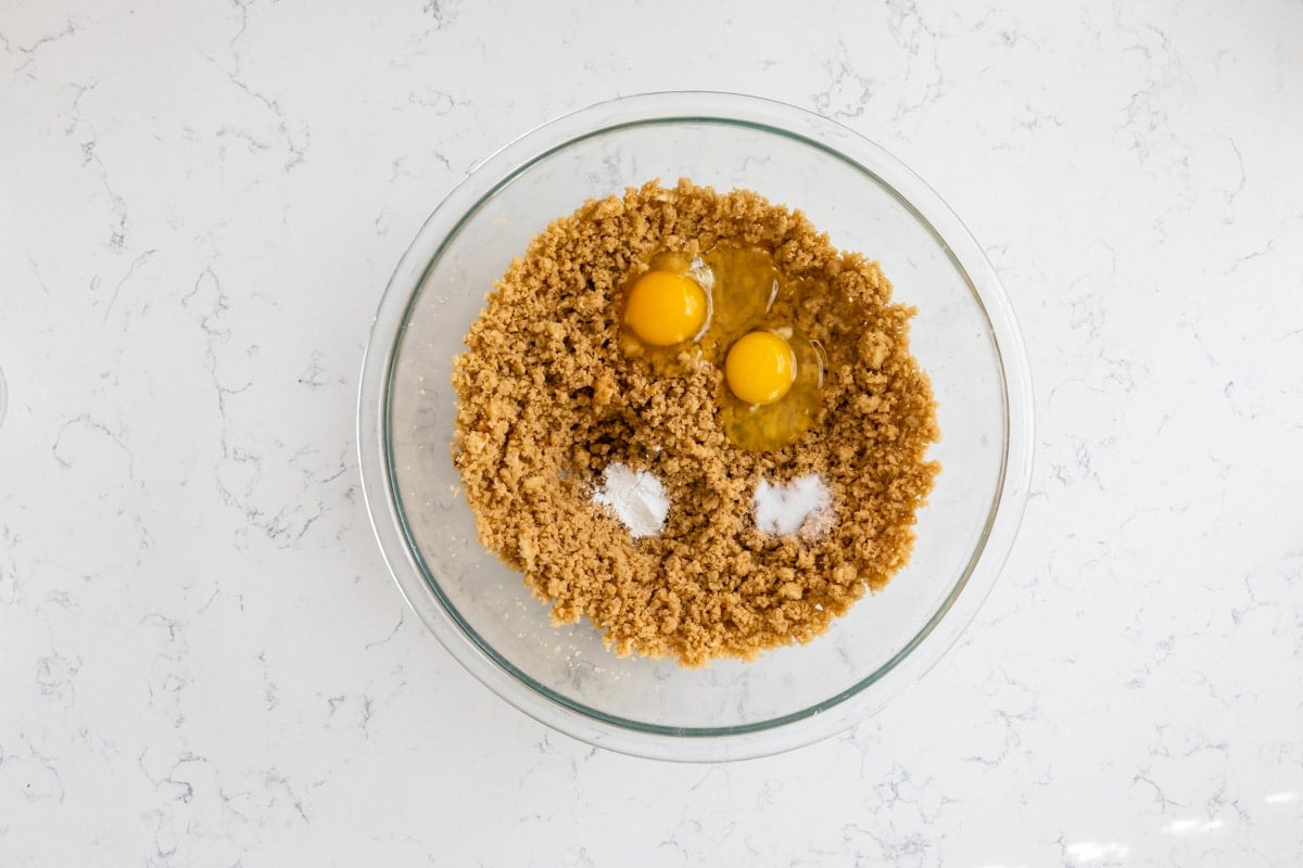 brown sugar and butter creamed in bowl with egg, vanilla, salt, and baking powder