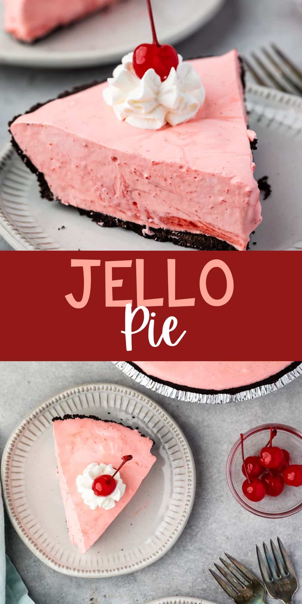 two photos of slice of pink pie on oreo crust with whipped cream and a cherry on top with words on the image.