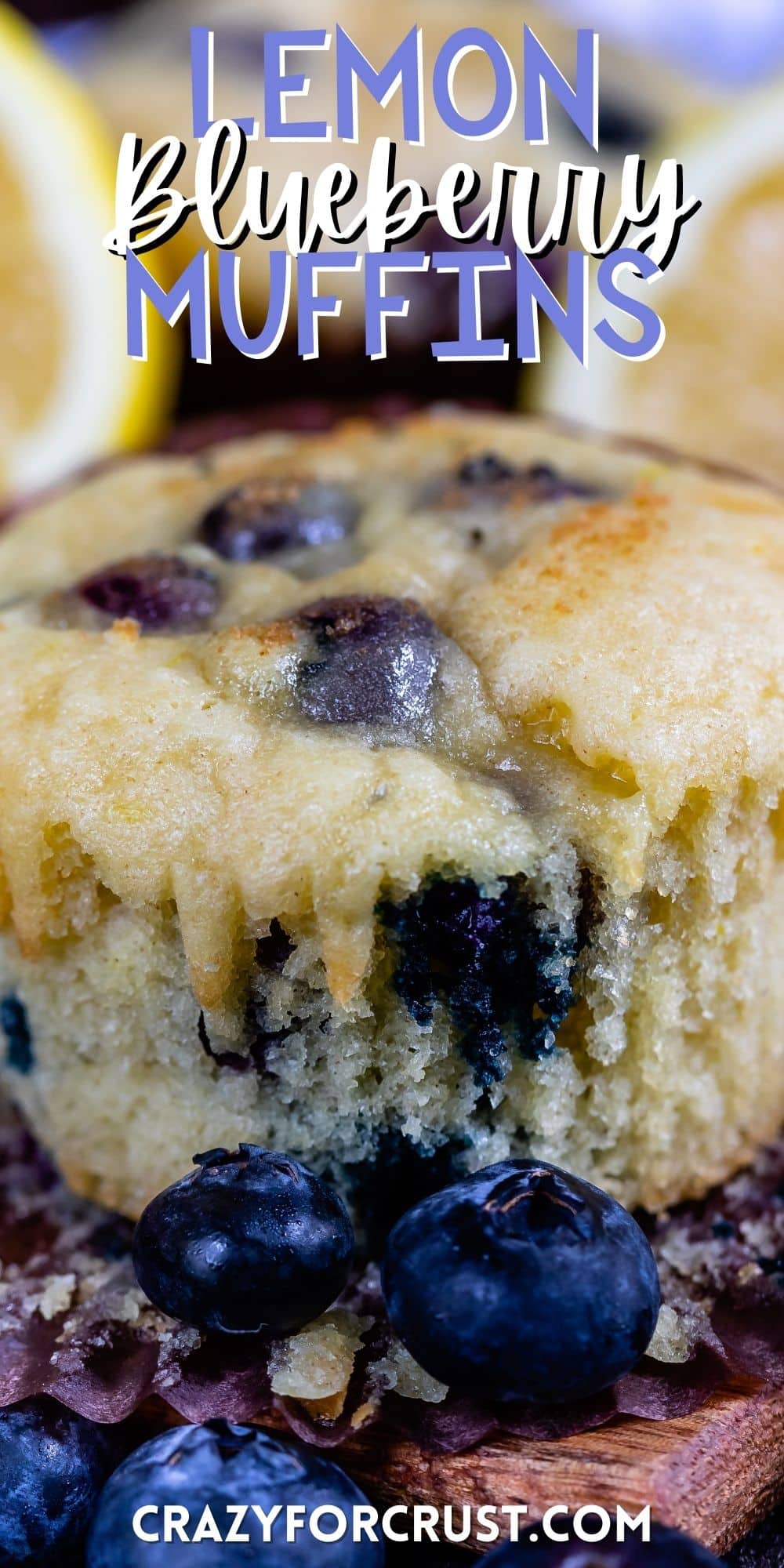 muffins with blueberries baked in with words in the image.
