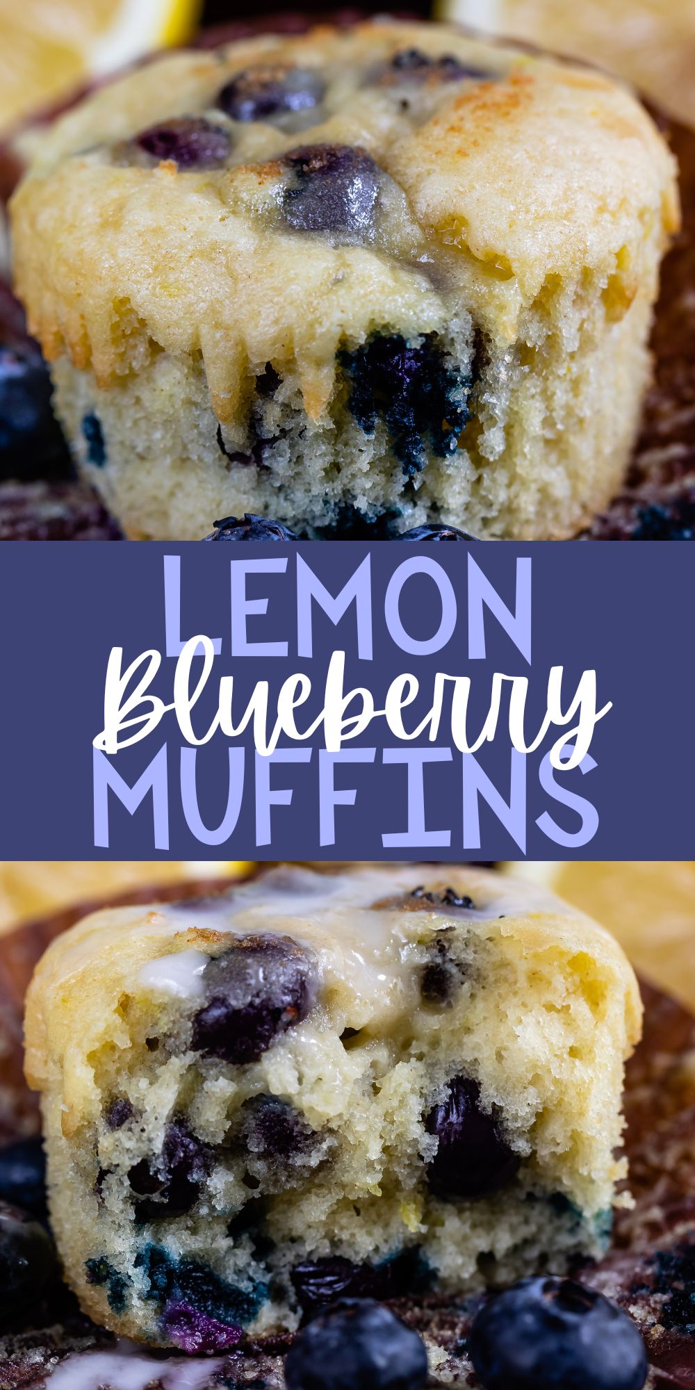 two photos of muffins with blueberries baked in with words in the image.