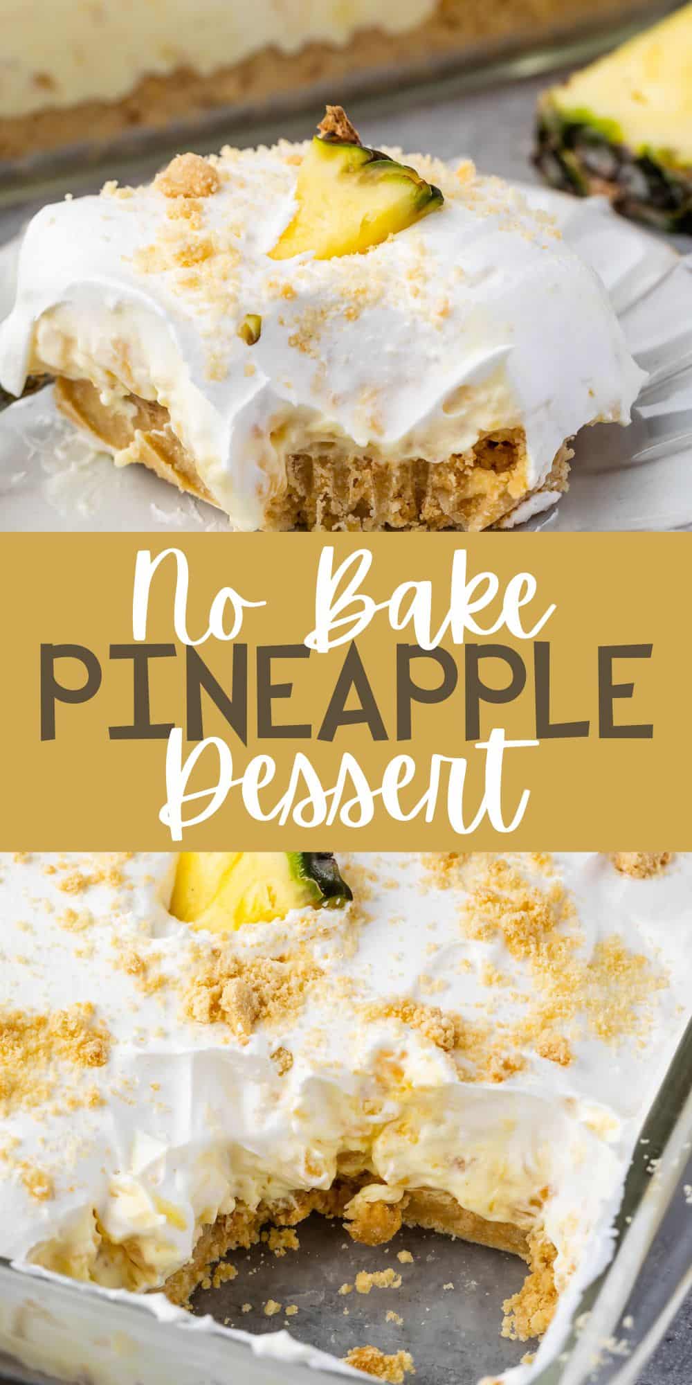 two photos of pineapple dessert with cool whip and a pineapple slice on top with words on the image.