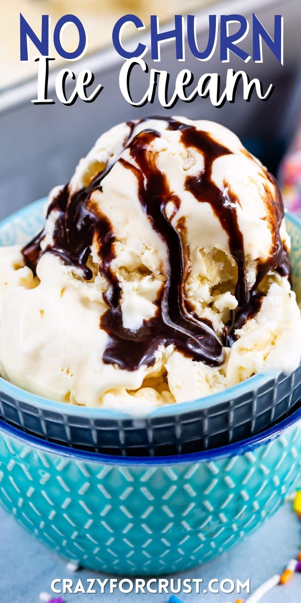 ice cream in blue bowls with chocolate sauce drizzled over the ice cream with words on the image.