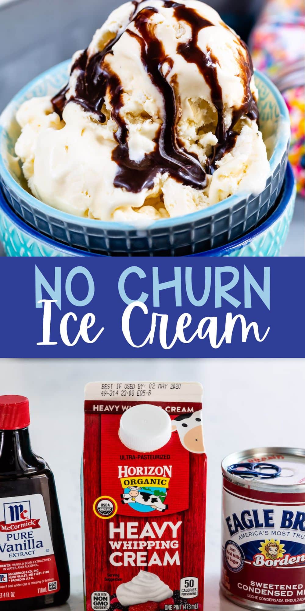 two images of ice cream in blue bowls with chocolate sauce drizzled over the ice cream with words on the image.