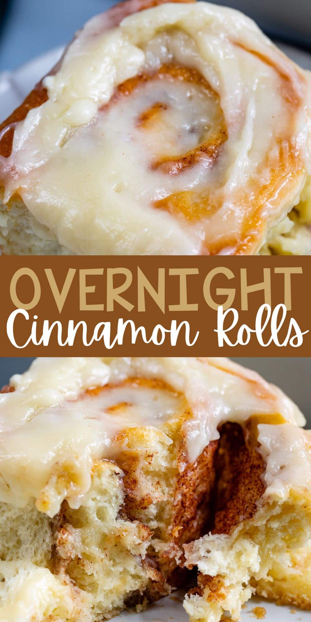 two photos of cinnamon rolls with icing on top with words on the image.