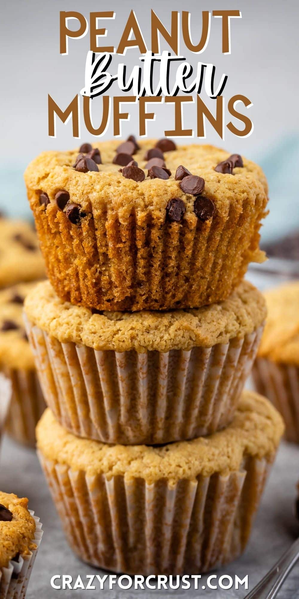 stacked muffins with chocolate chips sprinkled on top with words on the image.