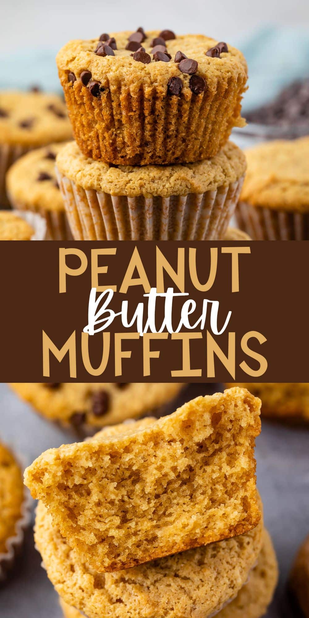 two photos of stacked muffins with chocolate chips sprinkled on top with words on the image.
