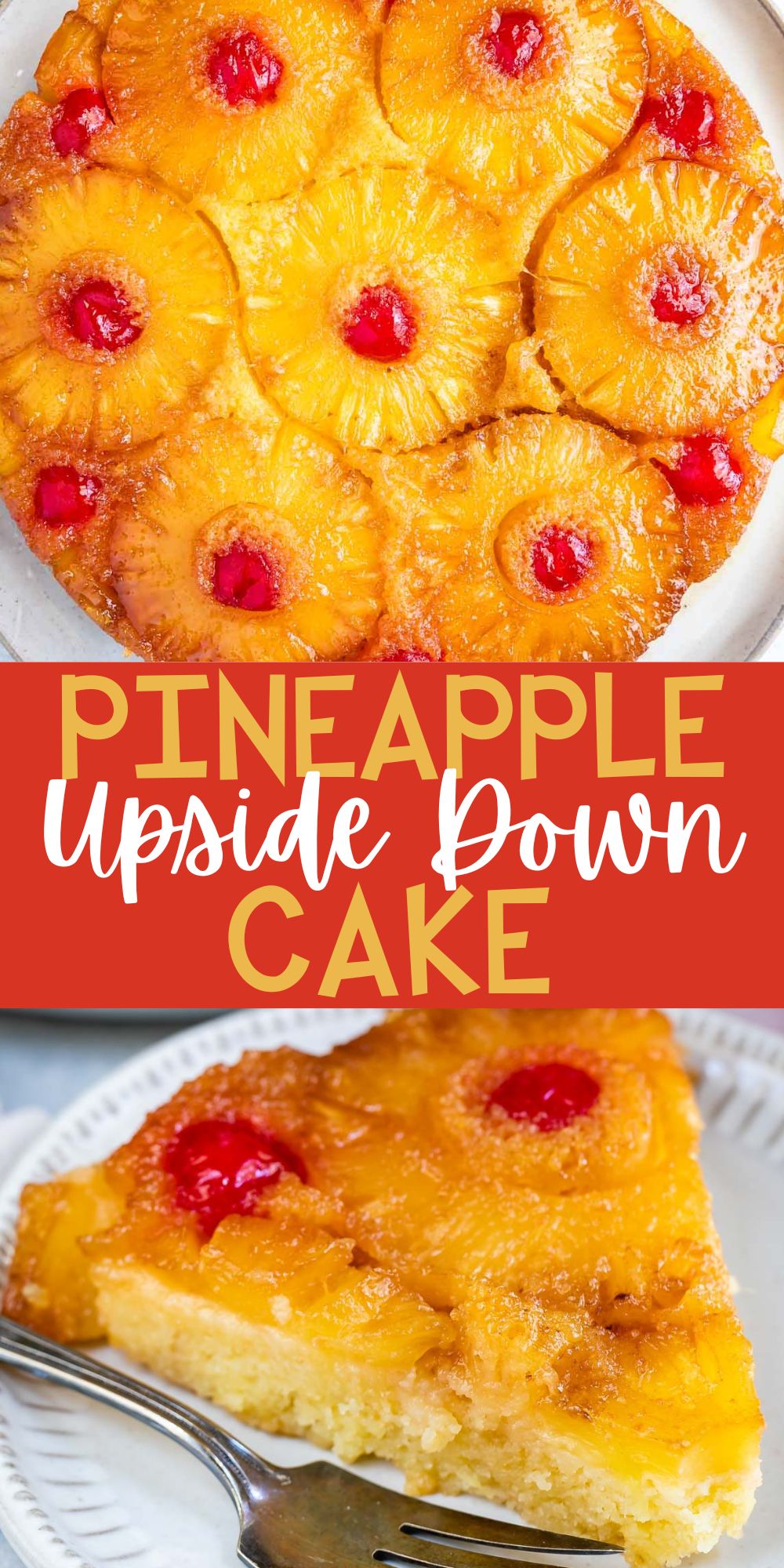 two photos of pineapple cake with cherries mixed in with words on the photo.