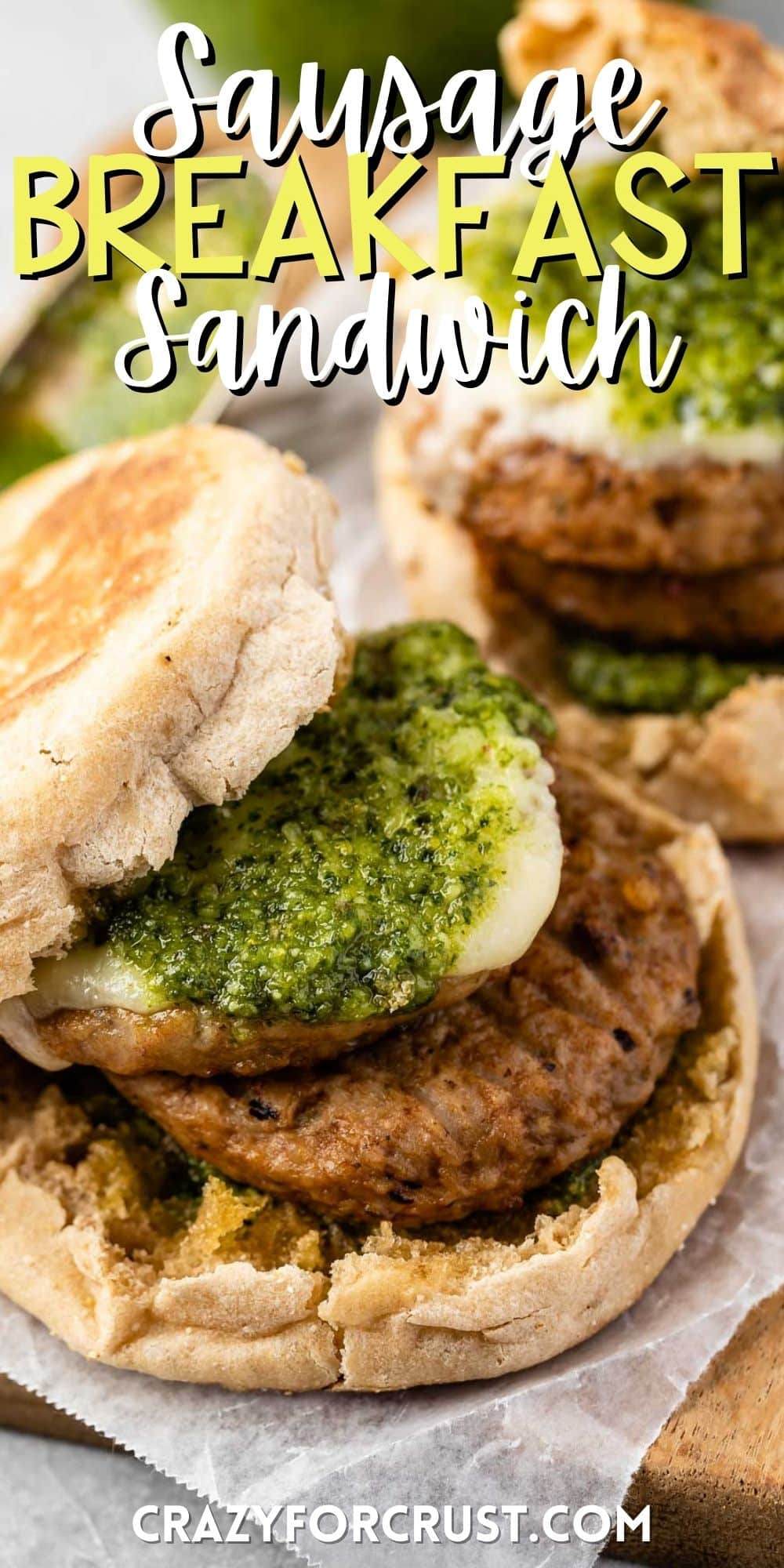 sausage cheese and pesto in a bun with words on the image.