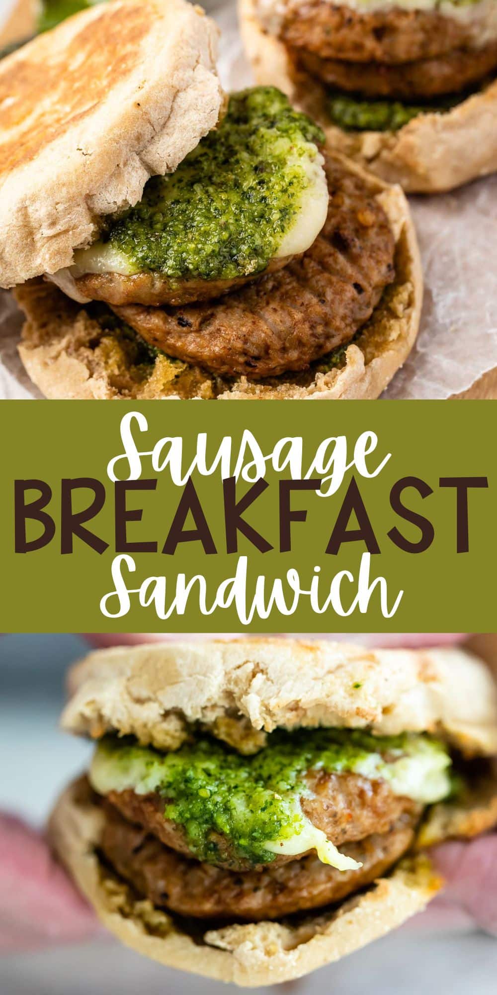 two photos of sausage cheese and pesto in a bun with words on the image.