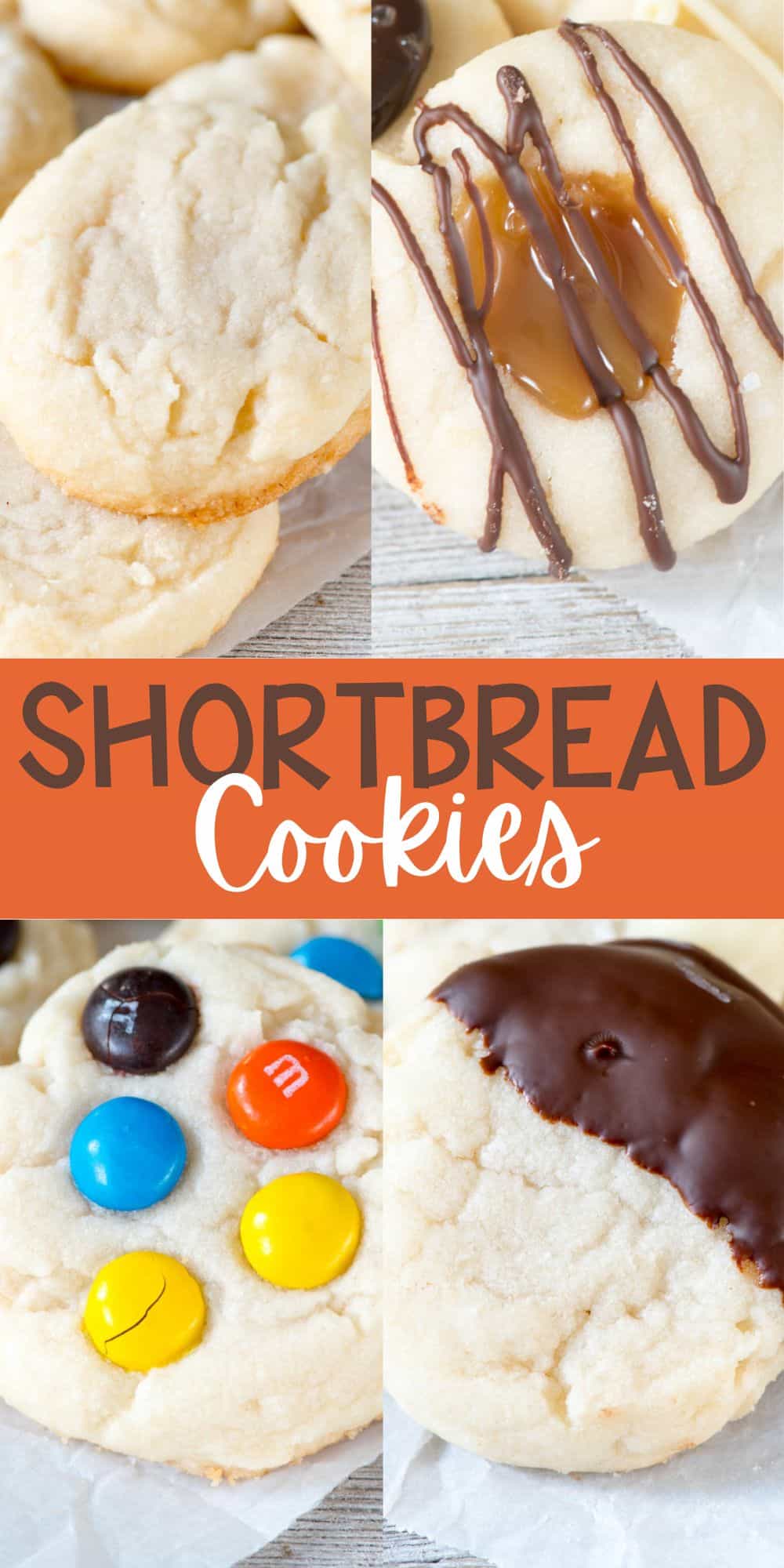 four photos of different shortbread flavors laid out together with words on the image.
