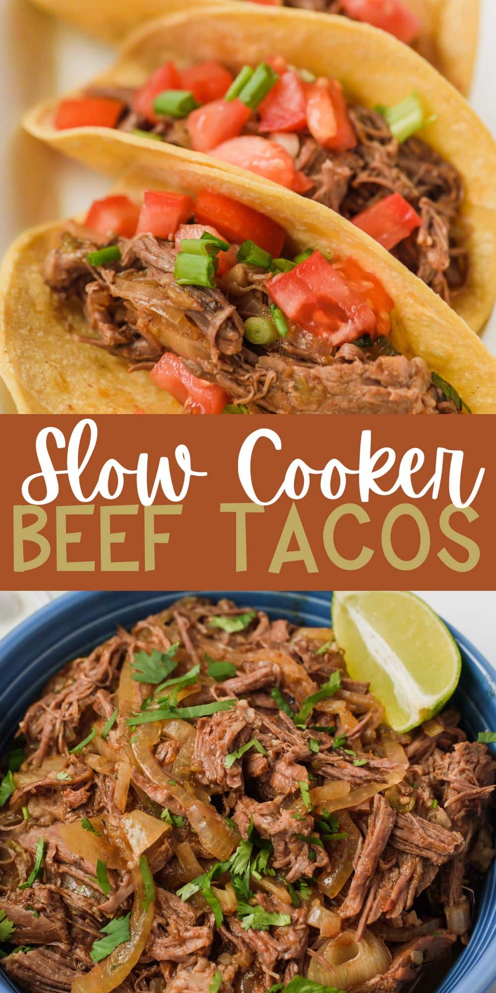 two photos of shredded beef in a tacos mixed with tomatoes and with words on the image.