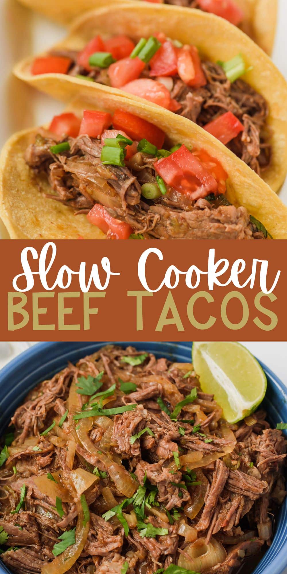 two photos of shredded beef in a tacos mixed with tomatoes and with words on the image.