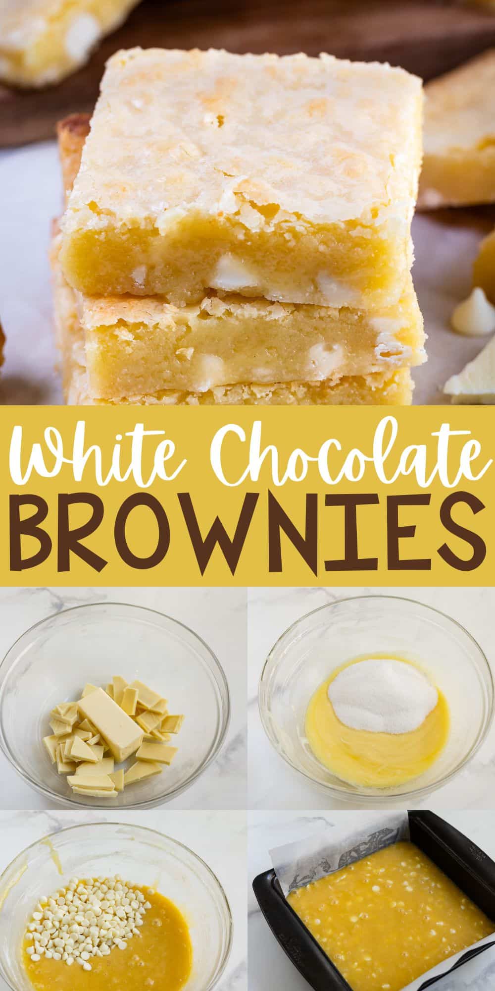 two photos of stacked yellow brownies with white chocolate chips baked in with words on the image.