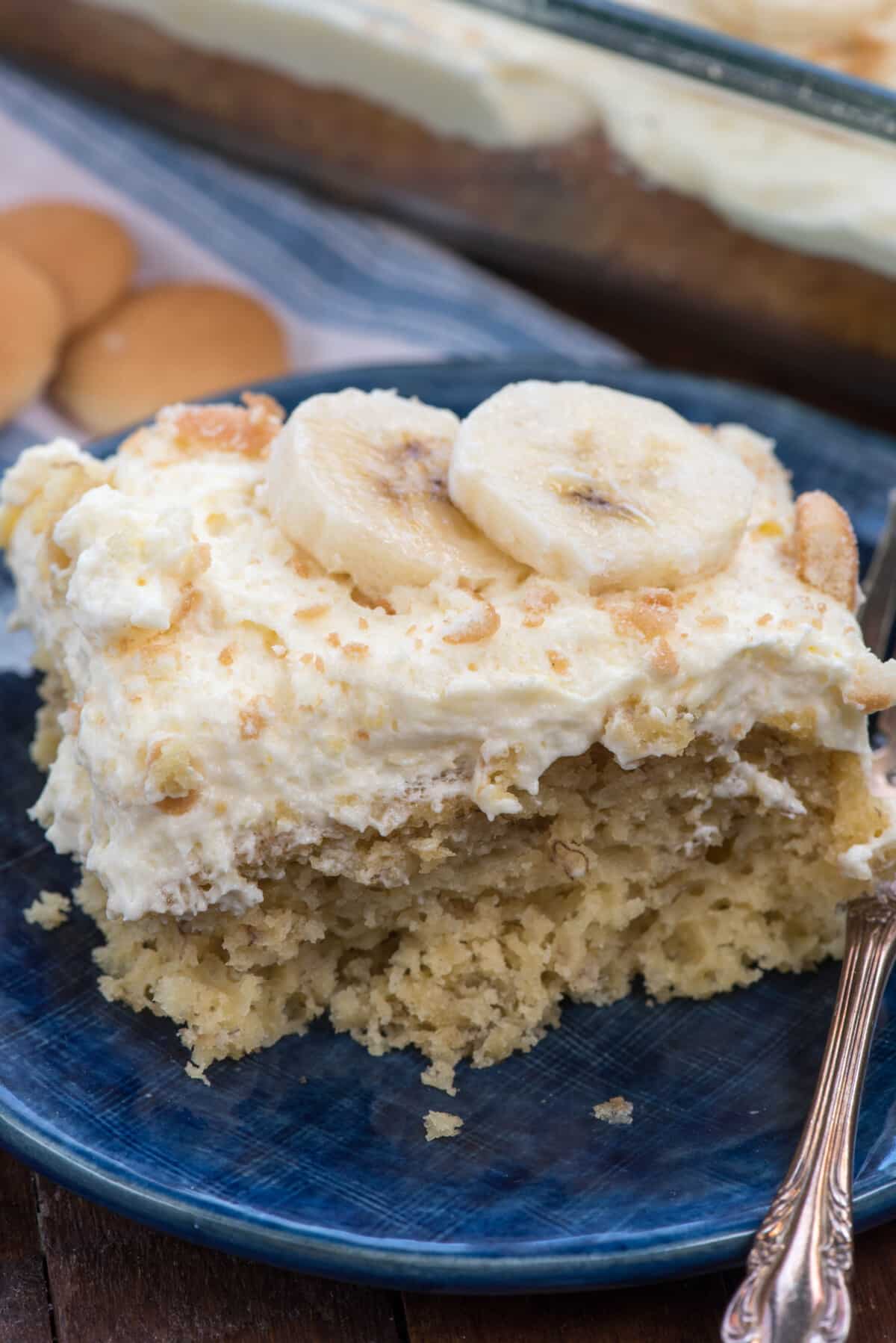 pudding cake with slices of bananas on top.