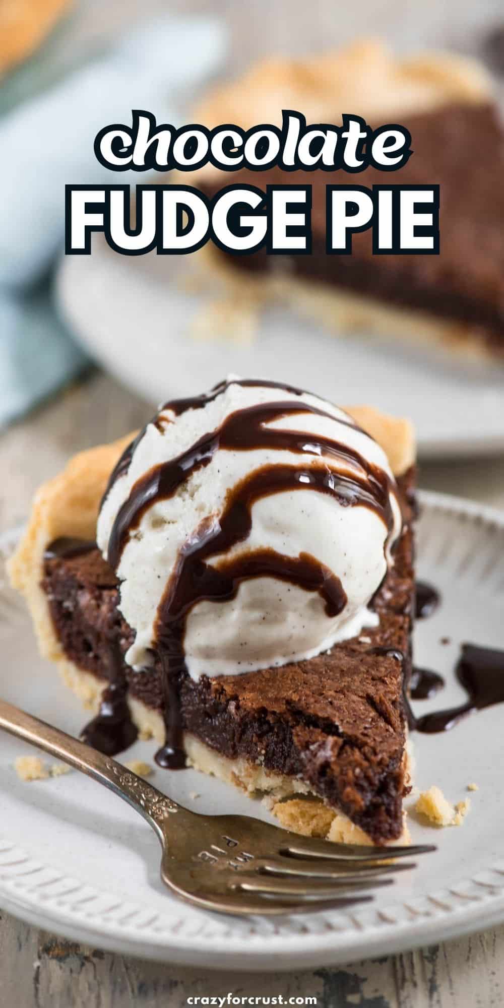 slice of fudge pie with ice cream and chocolate sauce on white plate with fork and words on photo