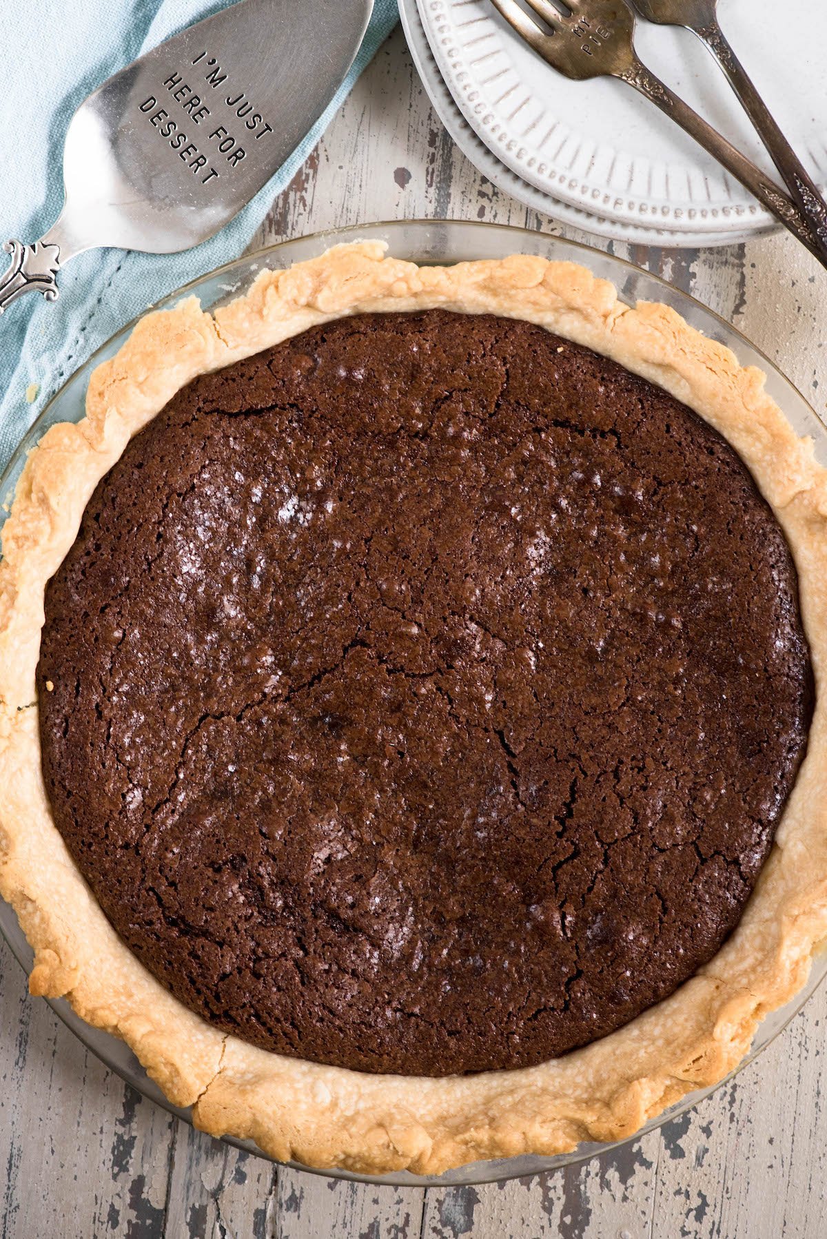 overhead shot of chocolate fudge pie.