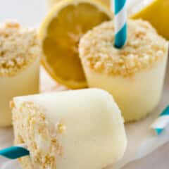 lemon pop attached to blue and white swirled straw.