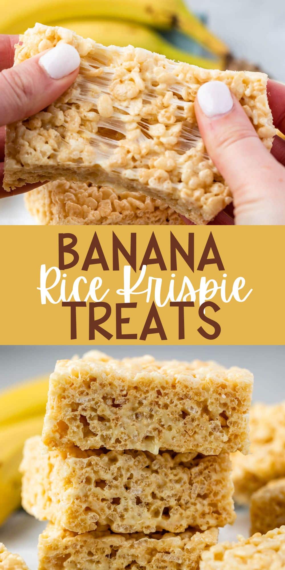 two images of Rice Krispie Treats being torn apart with two hands and with a banana in the background with words on the image.