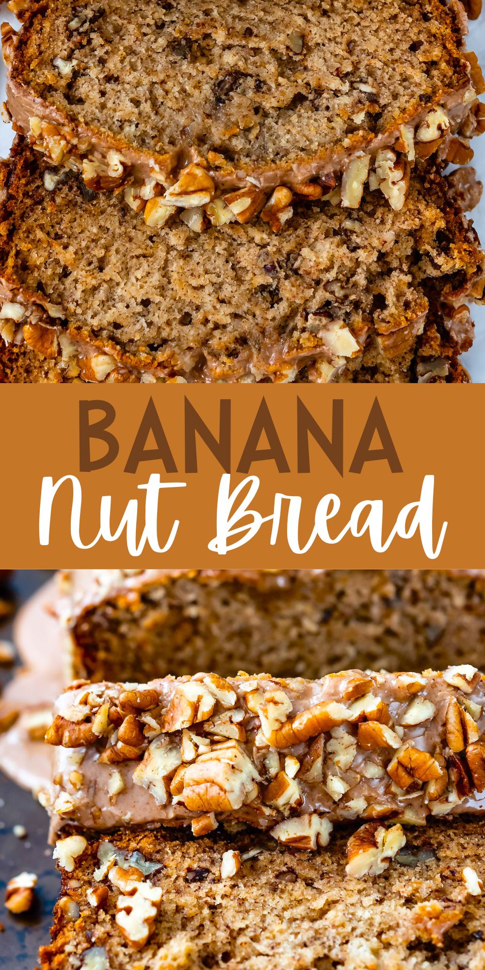 two photos of sliced banana bread topped with frosting and pecans with words on the image.