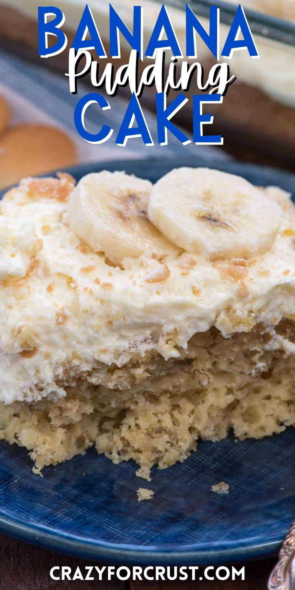 pudding cake with slices of bananas on top with words on the image.