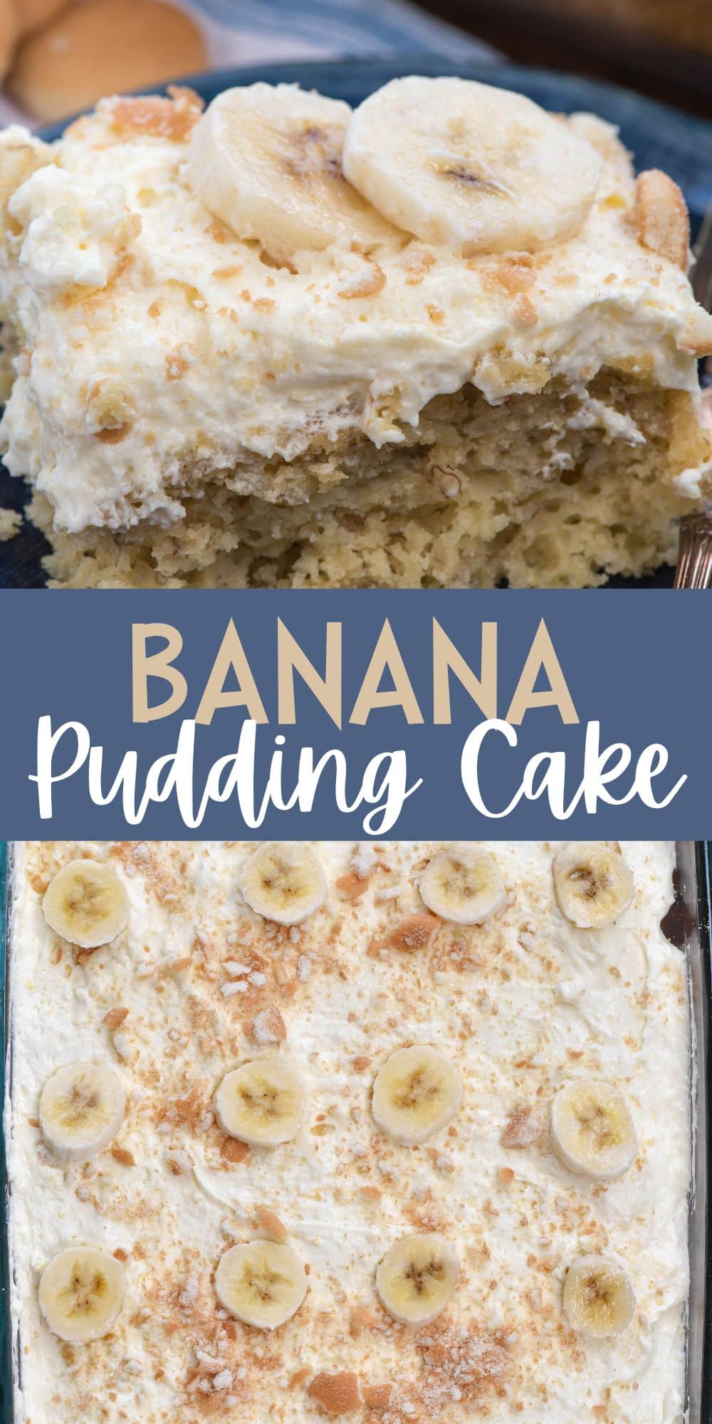 two photos of pudding cake with slices of bananas on top with words on the image.