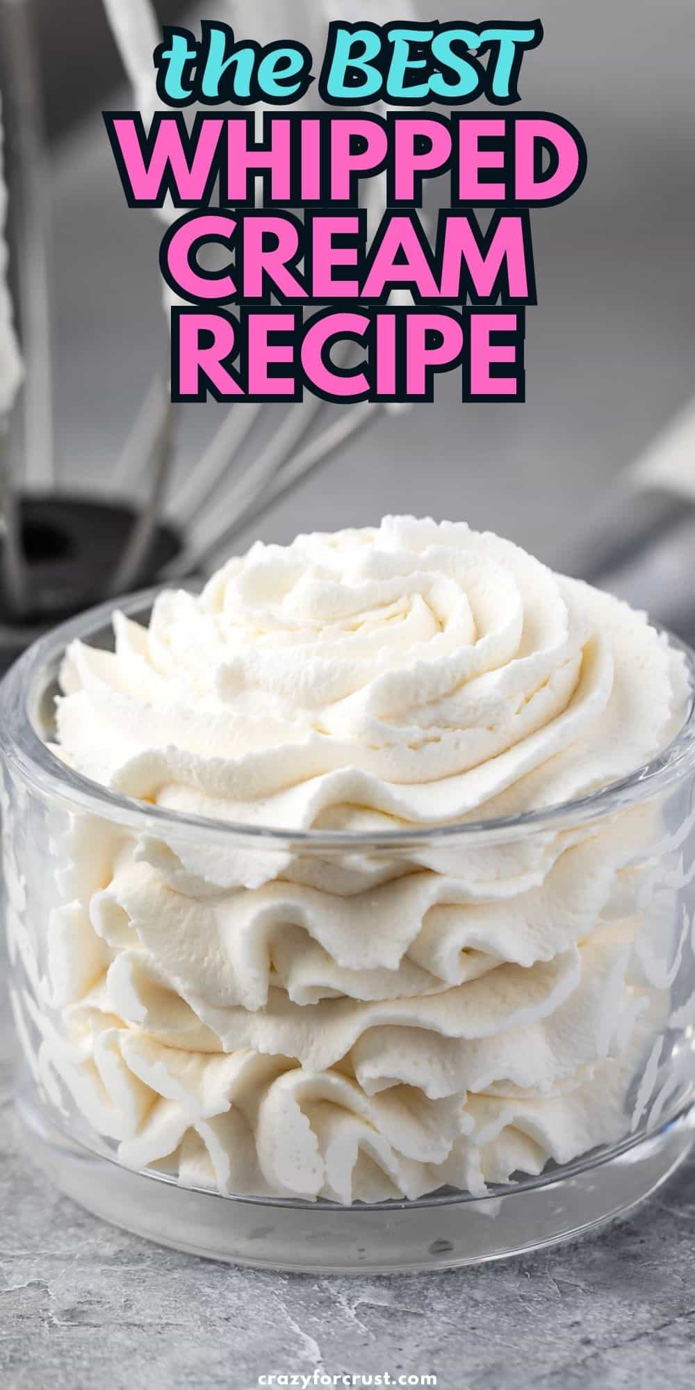 whipped cream in glass bowl with words on photo.