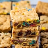 stacked blondies with m&ms baked in.
