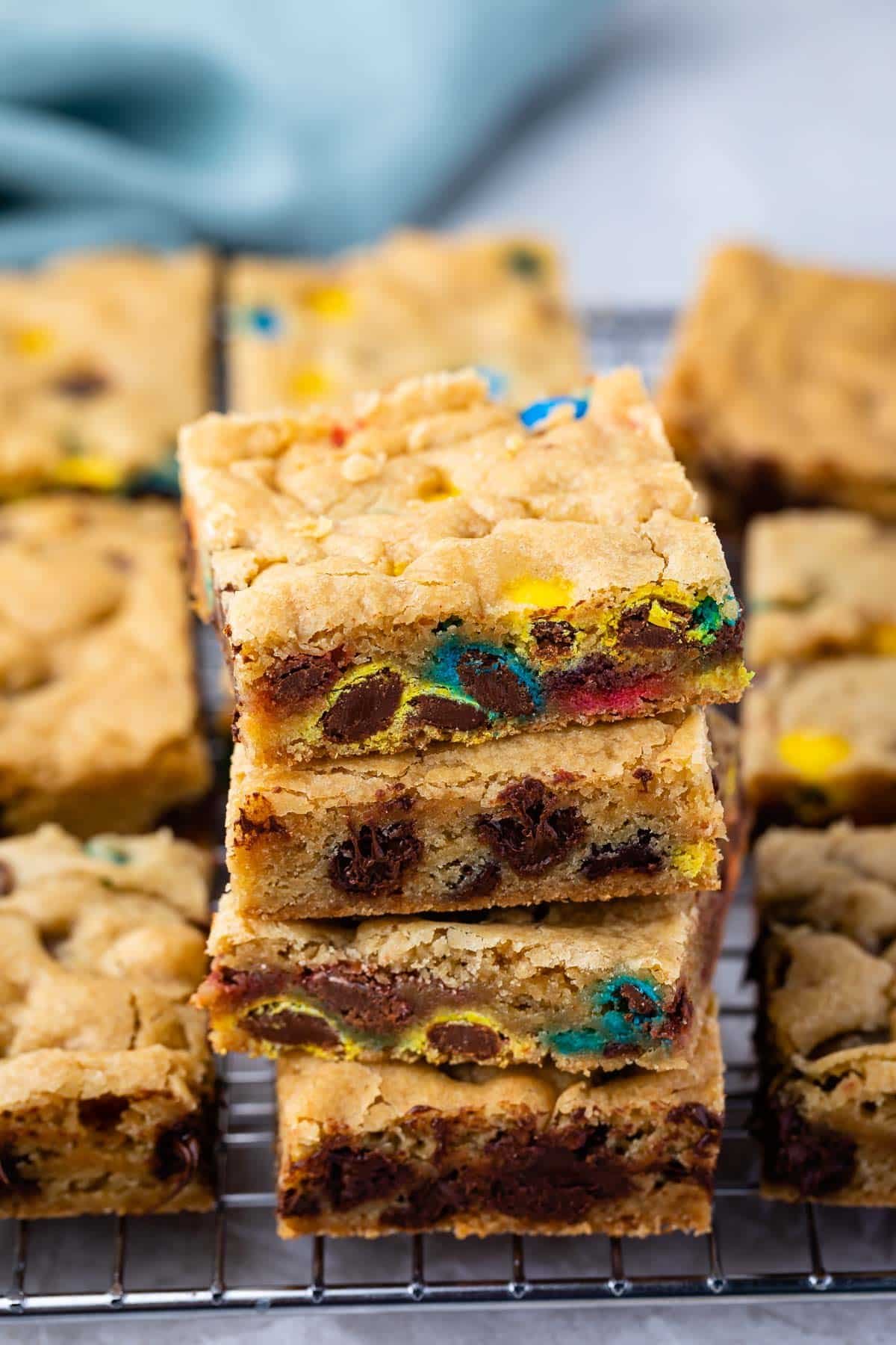 stacked blondies with m&ms baked in.