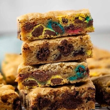 stacked blondies with m&ms baked in.