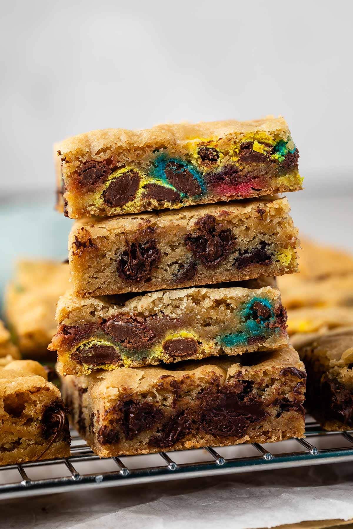 stacked blondies with m&ms baked in.