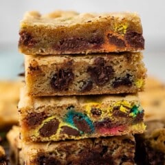 stacked blondies with m&ms baked in.
