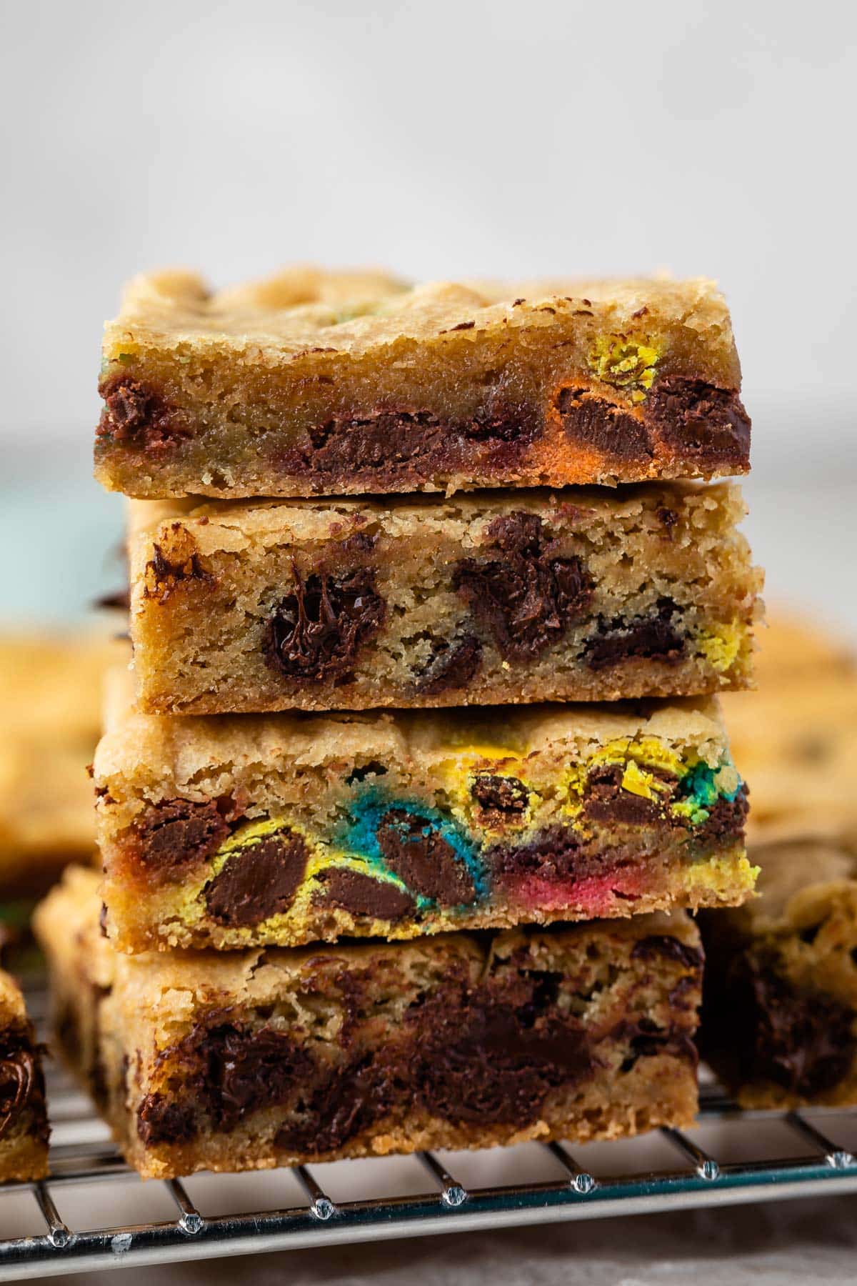 stacked blondies with m&ms baked in.