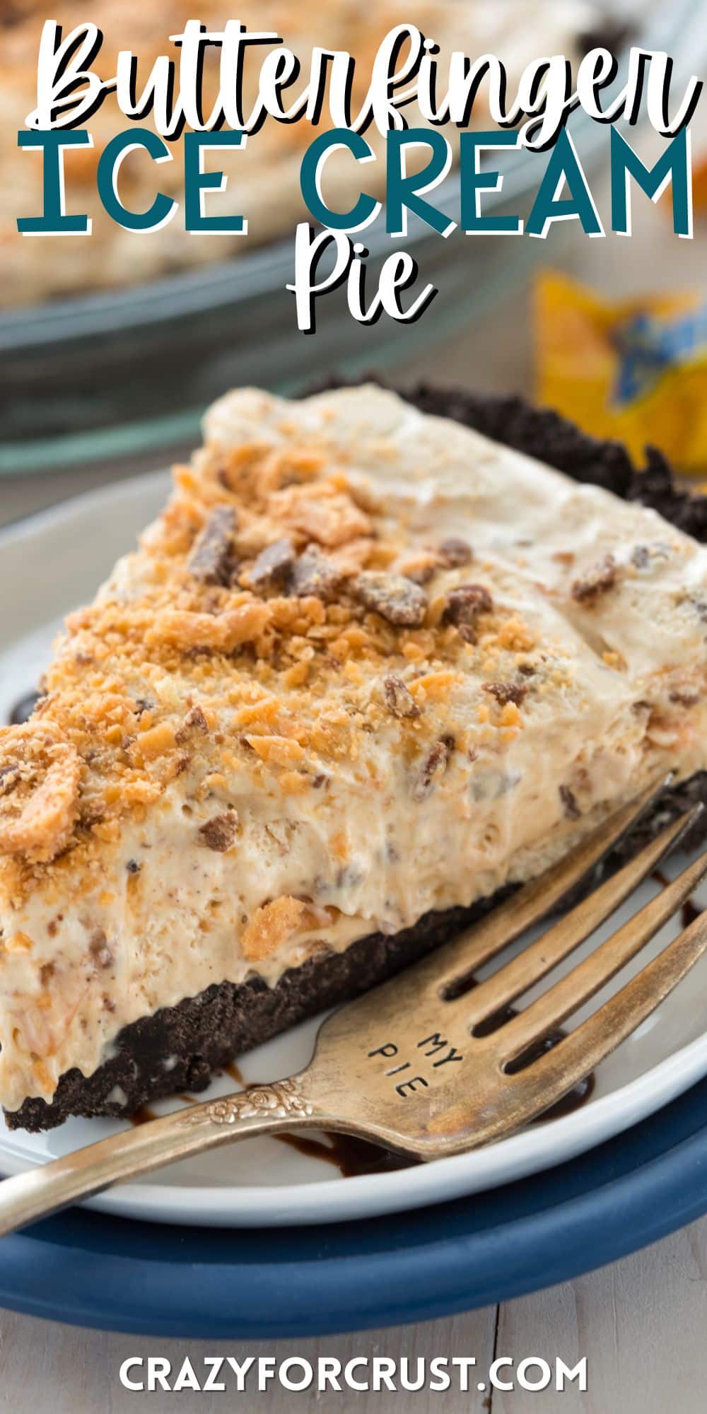 butterfinger pie on a white plate covered in chocolate sauce with words on the image.